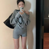 GETADME Korejpaa Elegant Sweater Short Sets Women Autumn Winter Slanted Shoulder Knitted Sweaters High Waist Shorts Two Piece Set