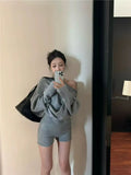 GETADME Korejpaa Elegant Sweater Short Sets Women Autumn Winter Slanted Shoulder Knitted Sweaters High Waist Shorts Two Piece Set