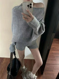 GETADME Korejpaa Elegant Sweater Short Sets Women Autumn Winter Slanted Shoulder Knitted Sweaters High Waist Shorts Two Piece Set