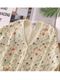 GETADME Lamtrip Kawaii Colorful Wheat Flowers Print Sweet V-Neck Cardigan Knitted Sweater