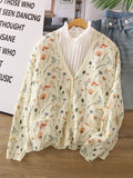 GETADME Lamtrip Kawaii Colorful Wheat Flowers Print Sweet V-Neck Cardigan Knitted Sweater