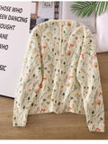 GETADME Lamtrip Kawaii Colorful Wheat Flowers Print Sweet V-Neck Cardigan Knitted Sweater