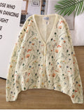 GETADME Lamtrip Kawaii Colorful Wheat Flowers Print Sweet V-Neck Cardigan Knitted Sweater