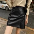 Getadme Leather Skirt for Women Split High Waisted Straight A Line Casual Office Ladies Streetwear PU Mini Elegant Skirts