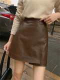 Getadme Leather Skirt for Women Split High Waisted Straight A Line Casual Office Ladies Streetwear PU Mini Elegant Skirts