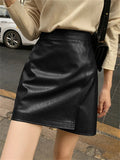 Getadme Leather Skirt for Women Split High Waisted Straight A Line Casual Office Ladies Streetwear PU Mini Elegant Skirts