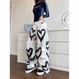 GETADME Love Graffiti Wide Leg Pants Women Y2K Elastic High Waist Streetwear Loose Drawstring Jogging Trousers Korean Casual Sweatpants