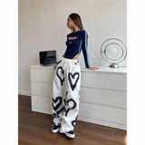 GETADME Love Graffiti Wide Leg Pants Women Y2K Elastic High Waist Streetwear Loose Drawstring Jogging Trousers Korean Casual Sweatpants