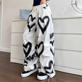 GETADME Love Graffiti Wide Leg Pants Women Y2K Elastic High Waist Streetwear Loose Drawstring Jogging Trousers Korean Casual Sweatpants