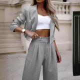 GETADME Mandylandy Casual Striped Suits Women Outfits Summer Short Style Lapel Suit Trousers Stripe Blazer Coats Straight-Leg Pants Suit