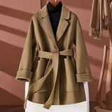 GETADME New Autumn Winter Double-Sided Wool Coat Women's Overcoat Fashion Long Suit Collar Loose Tie Leisure Wool Windbreaker Jacket