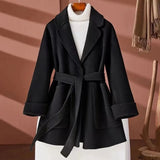 GETADME New Autumn Winter Double-Sided Wool Coat Women's Overcoat Fashion Long Suit Collar Loose Tie Leisure Wool Windbreaker Jacket