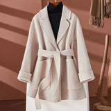 GETADME New Autumn Winter Double-Sided Wool Coat Women's Overcoat Fashion Long Suit Collar Loose Tie Leisure Wool Windbreaker Jacket