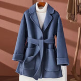 GETADME New Autumn Winter Double-Sided Wool Coat Women's Overcoat Fashion Long Suit Collar Loose Tie Leisure Wool Windbreaker Jacket