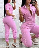 GETADME New Fashion Women Working Jumpsuit Short Sleeve Pocket Design Turn Down Collar  Elastic Waist Drawstring Cuffed Cargo Jumpsuit