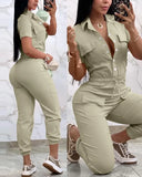 GETADME New Fashion Women Working Jumpsuit Short Sleeve Pocket Design Turn Down Collar  Elastic Waist Drawstring Cuffed Cargo Jumpsuit