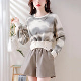 Getadme New Style Autumn and Winter Women's Tie Dye O-Neck Long Sleeve Short Button Slim Plush Pullovers Fashion Casual Korean Tops