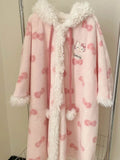 GETADME New Sweet Furry Hooded Hello Kitty Nightgown Coral Fleece Plush Sleepwear Robe Winter Women's Cute Oversize Home Casual Clothes