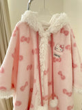 GETADME New Sweet Furry Hooded Hello Kitty Nightgown Coral Fleece Plush Sleepwear Robe Winter Women's Cute Oversize Home Casual Clothes