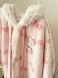 GETADME New Sweet Furry Hooded Hello Kitty Nightgown Coral Fleece Plush Sleepwear Robe Winter Women's Cute Oversize Home Casual Clothes