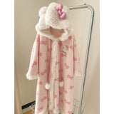 GETADME New Sweet Furry Hooded Hello Kitty Nightgown Coral Fleece Plush Sleepwear Robe Winter Women's Cute Oversize Home Casual Clothes