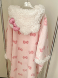 GETADME New Sweet Furry Hooded Hello Kitty Nightgown Coral Fleece Plush Sleepwear Robe Winter Women's Cute Oversize Home Casual Clothes