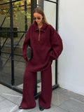 GETADME New Women Fashion Burgundy Knitted Casual Pants Set Elegant Half Zipper Lapel Long Sleeve Oversize Sweater Suit Chic Lady Outfit