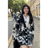 GETADME Oversized Tie-dye Cardigan Sweater Women's Thickened Retro Casual V-neck Loose Knitted Jacket