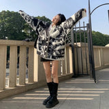 GETADME Oversized Tie-dye Cardigan Sweater Women's Thickened Retro Casual V-neck Loose Knitted Jacket