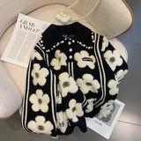 GETADME Pearl Beading Floral Knitted Women Sweater Tops 2024Autumn Winter Vintage Elegant Ladies Pullover Long Sleeve Fashion Jumpers