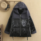 GETADME Plus size winter women's cotton coat coat, hooded plush imitation leather patchwork jacket, in the middle of a cotton thickening