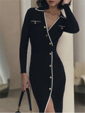 GETADME REALEFT Spring 2025 New Elegant Cross V-Neck Women's Knitting Dresses Female Single Breasted Straight Long Sleeve Midi Dress