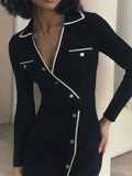 GETADME REALEFT Spring 2025 New Elegant Cross V-Neck Women's Knitting Dresses Female Single Breasted Straight Long Sleeve Midi Dress