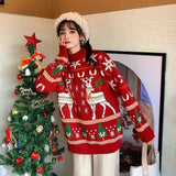 GETADME Retro Jacquard Red Christmas Sweaters Women Fall Winter Loose Thick Warm Jumper Harajuku Couples Knit Half Turtleneck Pullovers