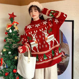 GETADME Retro Jacquard Red Christmas Sweaters Women Fall Winter Loose Thick Warm Jumper Harajuku Couples Knit Half Turtleneck Pullovers