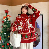 GETADME Retro Jacquard Red Christmas Sweaters Women Fall Winter Loose Thick Warm Jumper Harajuku Couples Knit Half Turtleneck Pullovers