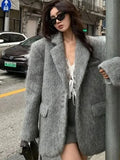 Getadme Retro Woolen Button Suit Coats Women Casual Loose Turn-down Collar Gray Coat Lady Autumn Winter Classic Elegant Street Outwear