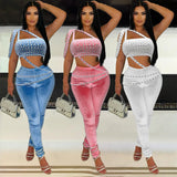 GETADME Rhinestone Velvet 2 Piece Pant Set Outfits 2024 Women Fall Luxury Clothing Bodycon Elegant Sexy Crop Tops Two Piece Pant Sets