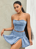 Women's Summer 2PCS Outfit Sets Solid Color Sleeveless Off Shoulder Zipper Bandeau + Pleated Denim Skirt