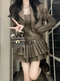 Autumn Gray Vintage New 2 Piece Sets Women Korean Design Y2K Elegant Clothes Female Solid WarmTops + Chic Pleated Dresses 2024