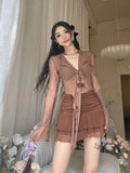 Long Flare Sleeve Blouses for Women Lace-up Mesh Sexy Sweet Hot Girls Korean Fashion Style All-match Solid Design Elegant Casual