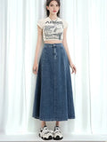 Long Denim Skirt Women 2024 Spring Summer New Arrivals High Elastic Waist A Line Jeans Skirts Korean Fashion Casual Blue Skirts