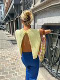 Up Casual Elegant Pullover Summer Autumn Chic Knitwears Yellow Knit O-neck Sleeveless Cropped Top Vest Sexy Backless Lace