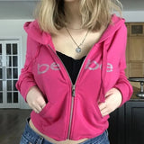 Getadme Y2k Rhinestone Bebe Print Oversize Hooded Sweatshirt Vintage Street Zip Hoodies Pink Jogging Woman Top Gothic Long Sleeve Jacket