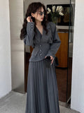 Getadme-Fashion Designer Vintage 2 Piece Set Women Temperament Office Lady Long Sleeve Coat + Higt Waist Pleated Skirt Blazers Suit