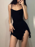 Getadme Dark Gothic Sexy Black Dress Women Streetwear Aesthetic Y2k Spaghetti Strap Lace Patchwork Irregular Hem Dress Female