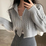 Vintage Zipper Women Sweaters Solid Korean Fashion Long Sleeve Knitted Cardigan Loose Preppy Knitwear Autumn Casual