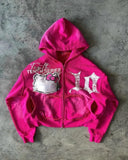 GETADME Zipper Hoodie Y2K Clothes Gothic Cartoon Embroidered Letters Pink Loose Hoodie Sweatshirt 2 Piece Sets Womens Outfits Streetwear