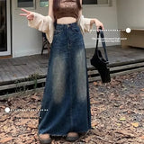 Distressed Washing Denim Skirt Women's Spring Autumn Vintage Straight-leg A- line Design Sensibility Slimming Long Dress