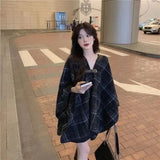 Getadme-Black Mid-length Plaid Coat Women Autumn And Winter Loose And Versatile Cape Elegant Shawl Casual Coat Korean Women Clothing